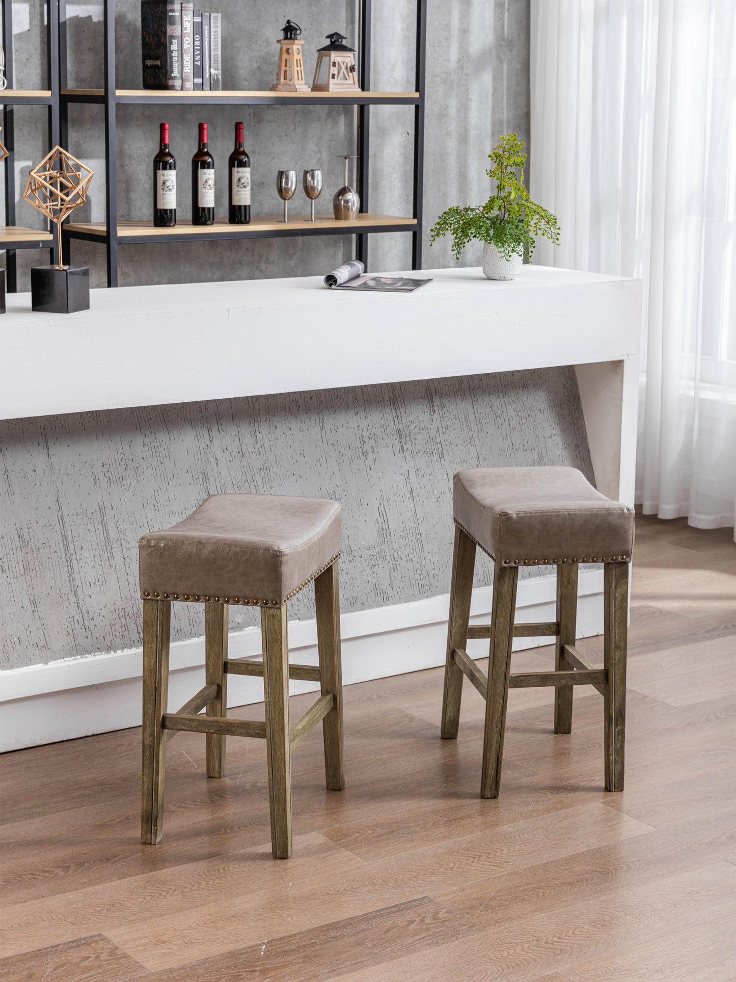 Evora - Set of 2 - 26" Gray Backless Faux Leather Counter Stools for Kitchen Island