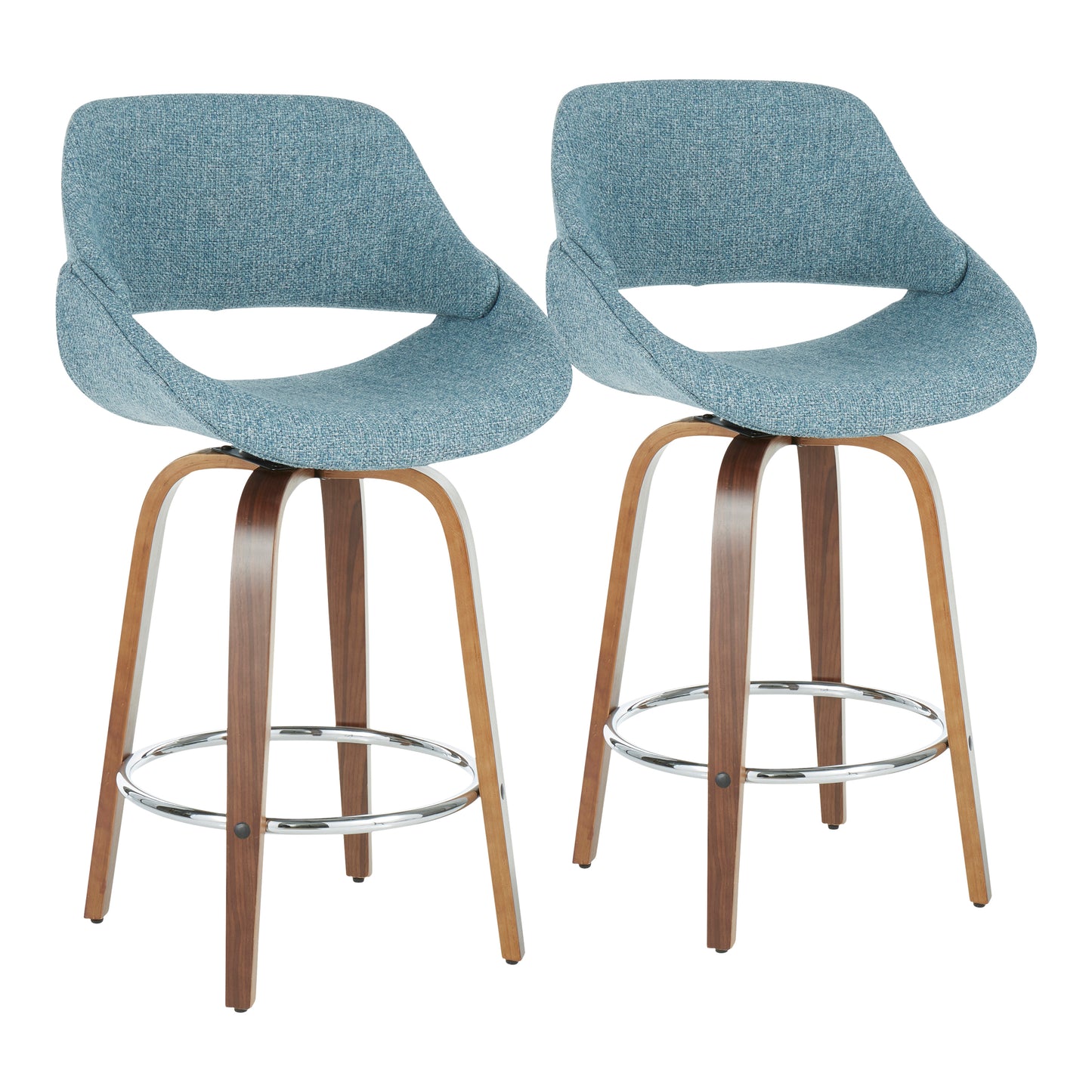 Solano - Set of 2 - 24" Walnut Frame & Blue Noise Upholstered Counter Stools with Mid-Century Modern Design