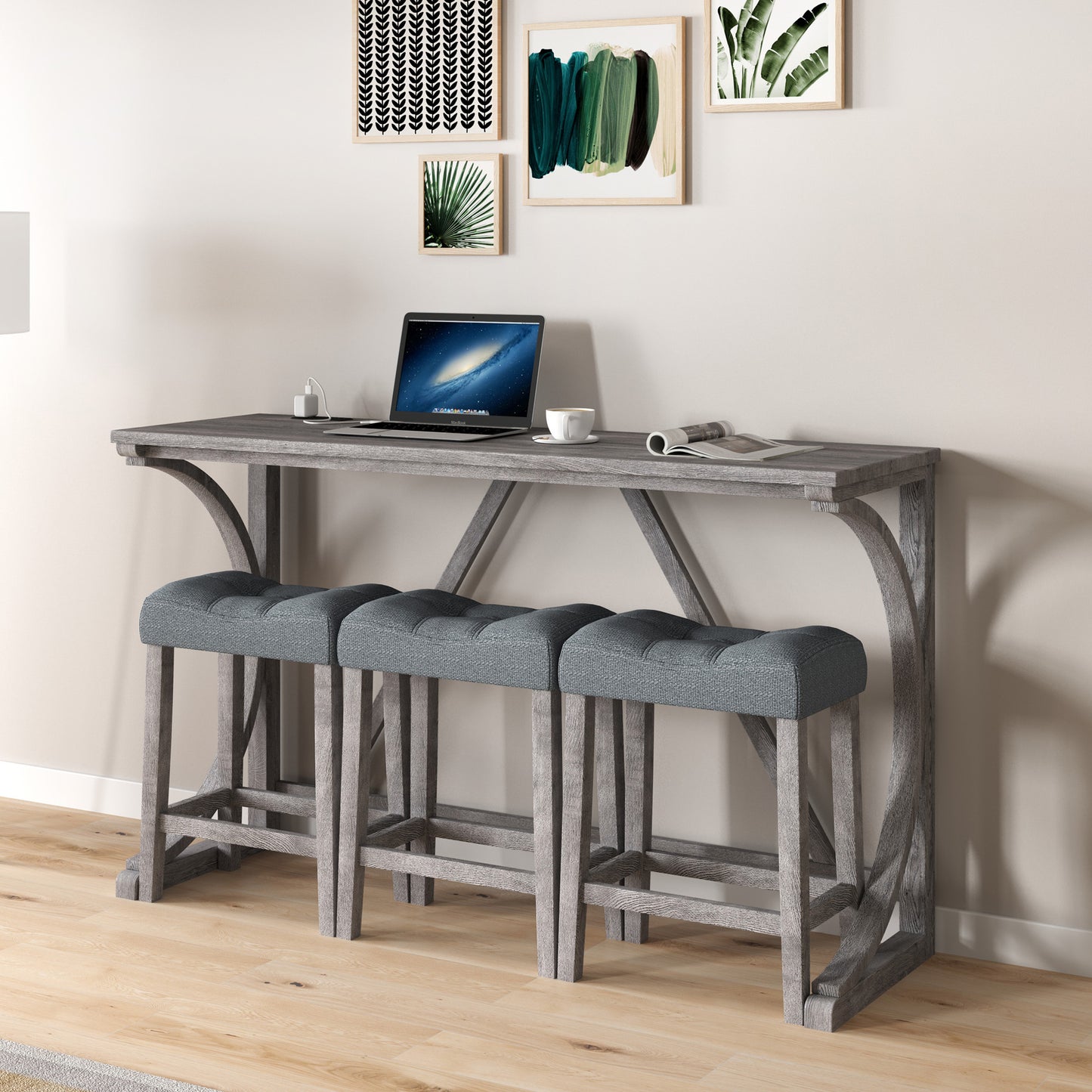 Hadden - Set of 4 - 30” Gray Industrial Bar Table Set with Power Outlet, 3 Stools, Solid Wood + MDF - Dining, Game, or Living Room, 59” x 19” x 36”