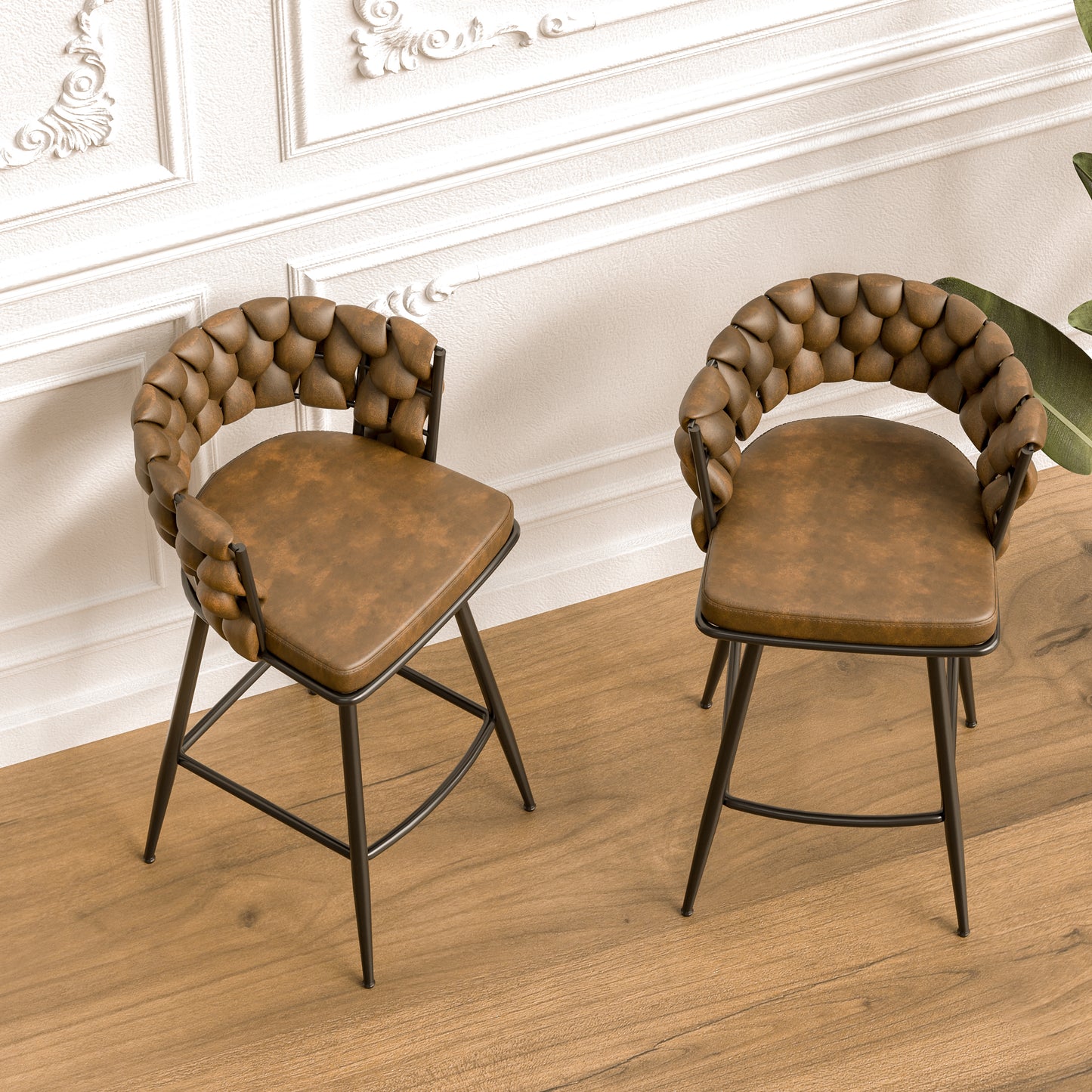 Millington- Set of 2 - 25" Woven Leather Counter Stools with 360° Swivel, Brown & Black Finish, Upholstered Technical Leather, Sturdy Metal Base