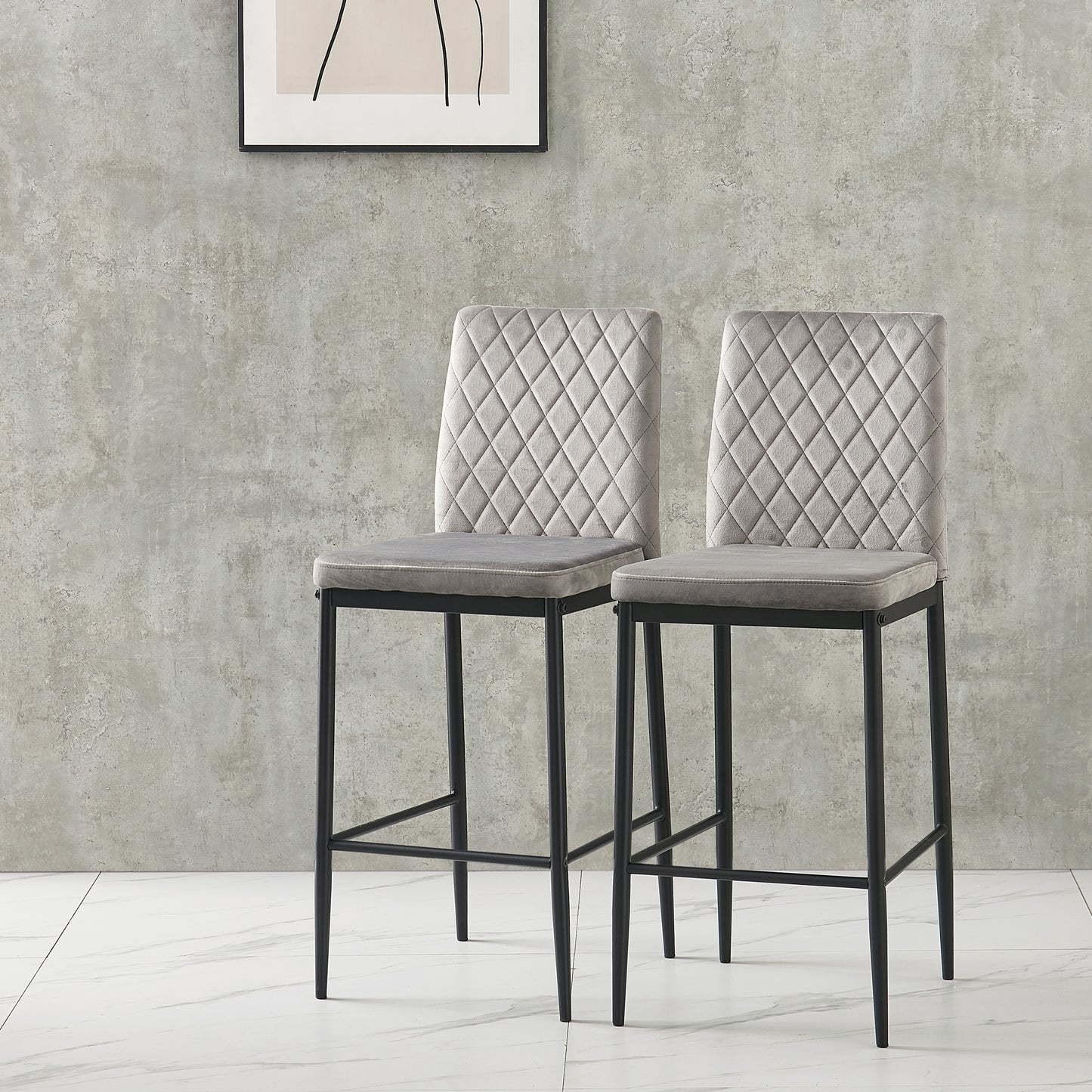 Hillshade - Set of 2 - 26" Light Gray Velvet Bar Stools with Metal Legs – Modern Kitchen & Dining Chairs, Ergonomic Design