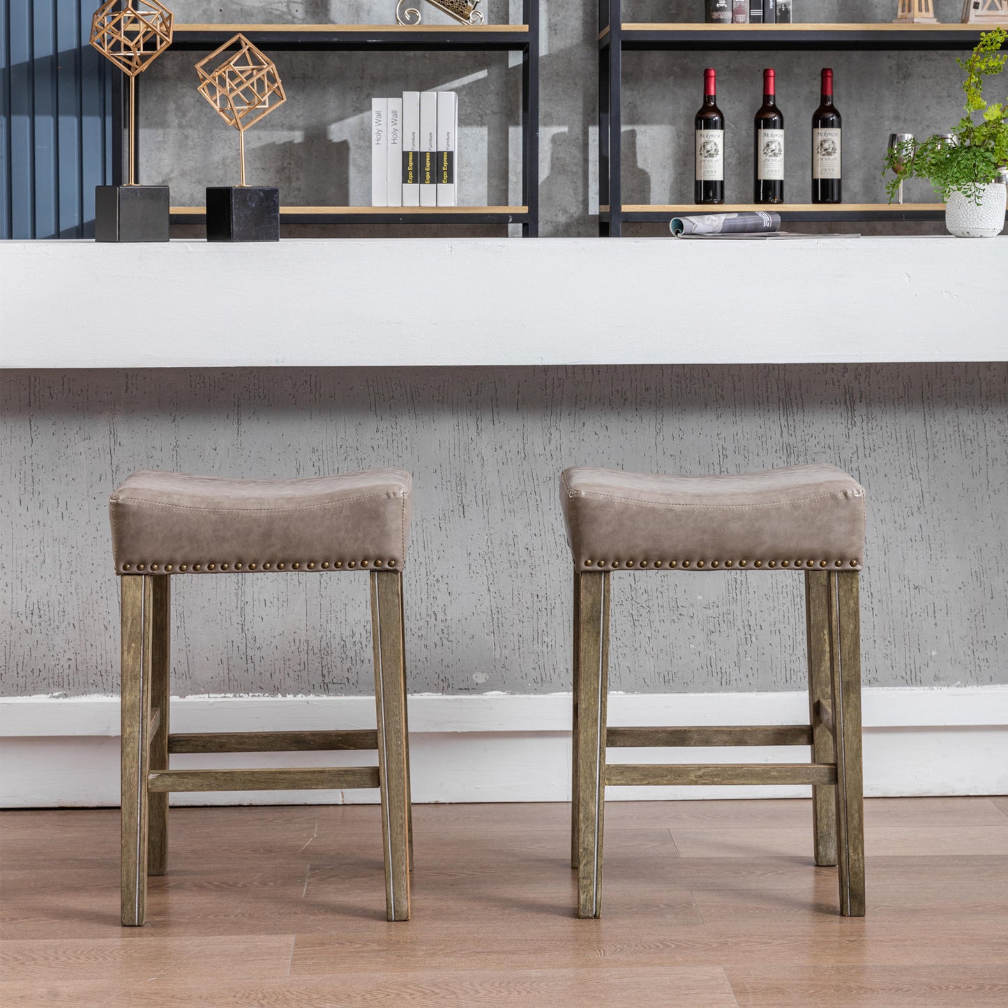 Evora - Set of 2 - 26" Gray Backless Faux Leather Counter Stools for Kitchen Island