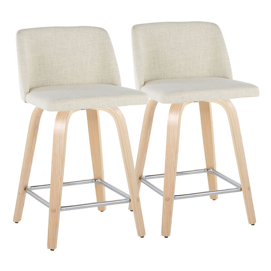 Torix - Set of 2 - 24" Contemporary Swivel Counter Stools in Natural Wood & Cream Fabric with Chrome Footrest - Fixed Height Bar Stools by LumiSource