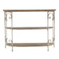 3 Tiered Wooden Shelving Unit With Ornate Iron Frame - Multicolor