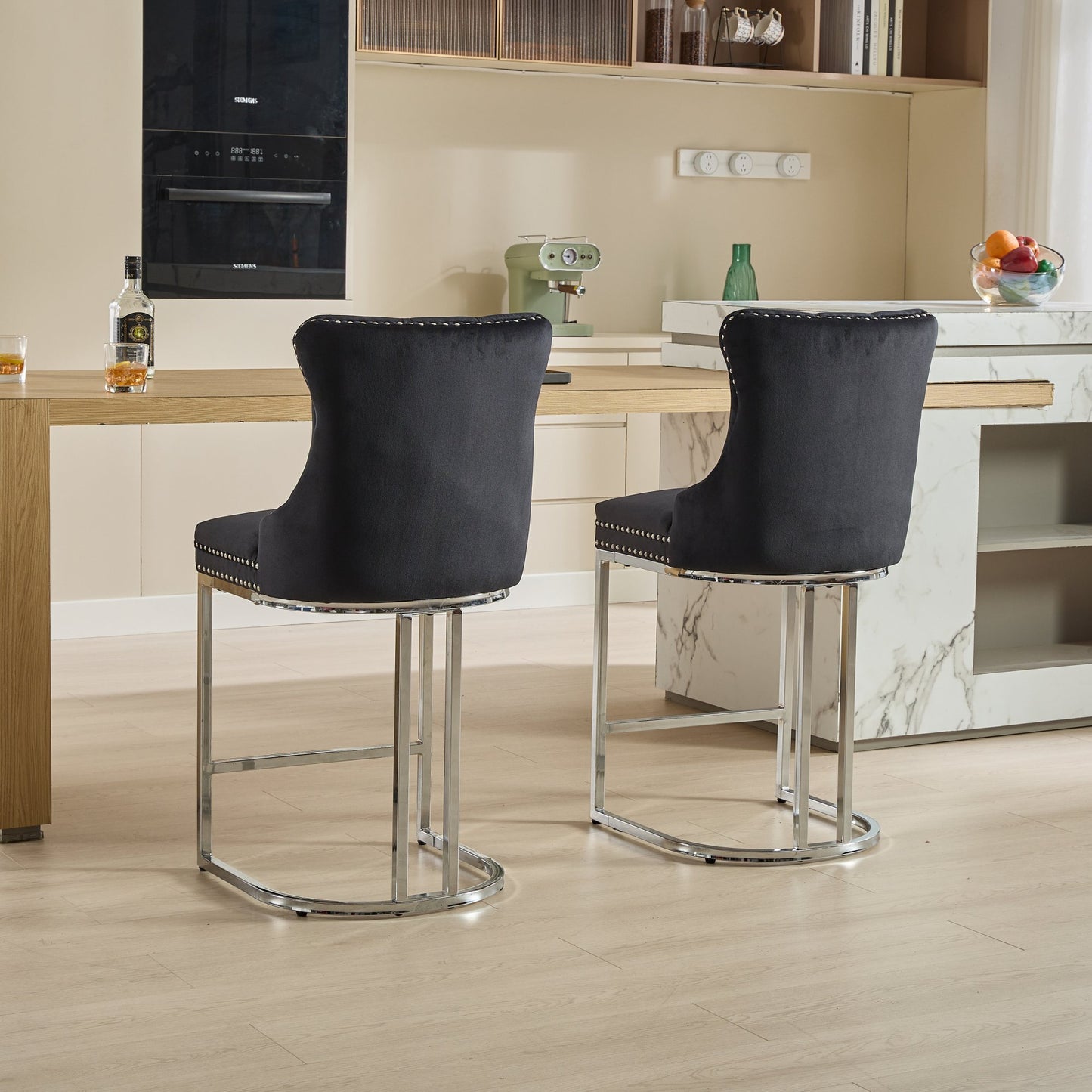 Vitra - Set of 2 - 24" Black Velvet Counter Stools - Button Back, Rivet Trim, Upholstered with Chromed Metal Base