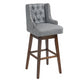 Eric - Set of 2 - 30" Gray Linen Swivel Bar Stools with Button-Tufted Backrest, Solid Wood Legs, Seat Height