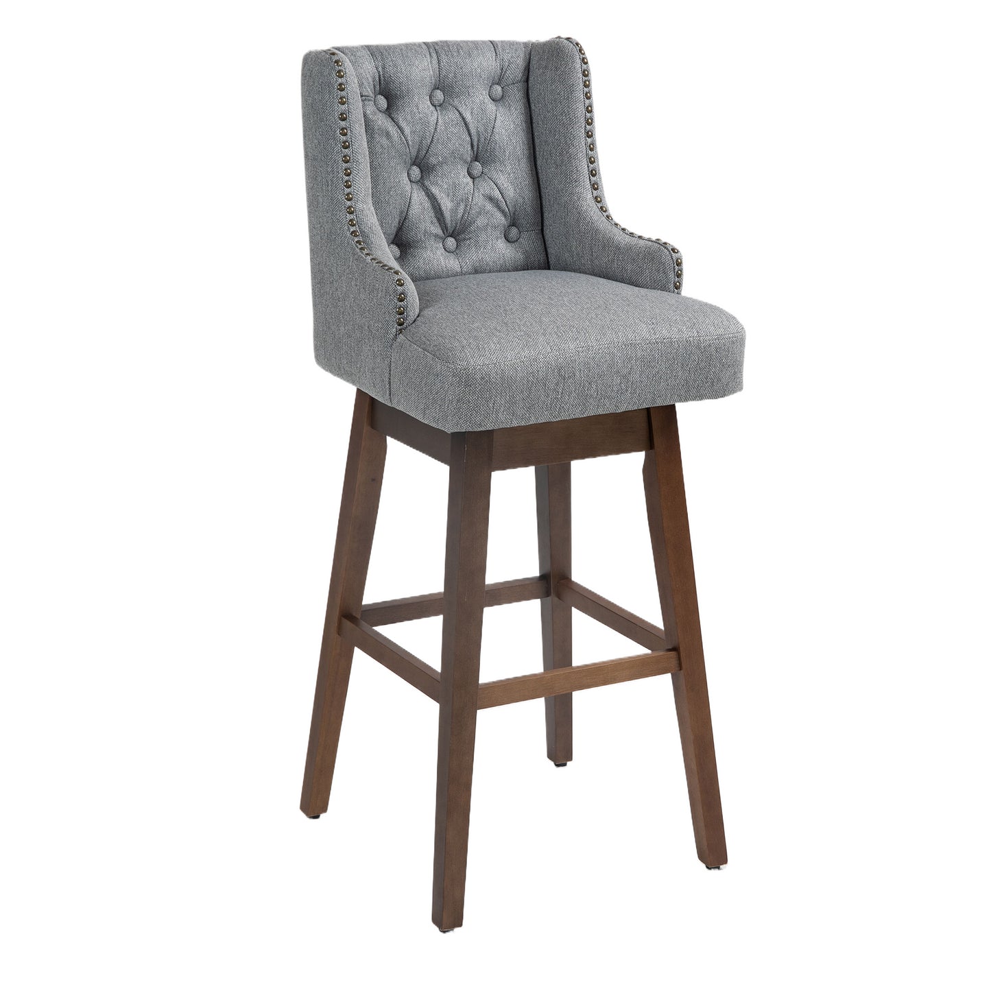 Haleigh - Set of 2 - 26" Gray Linen Swivel Bar Stools with Solid Wood Legs and High Back