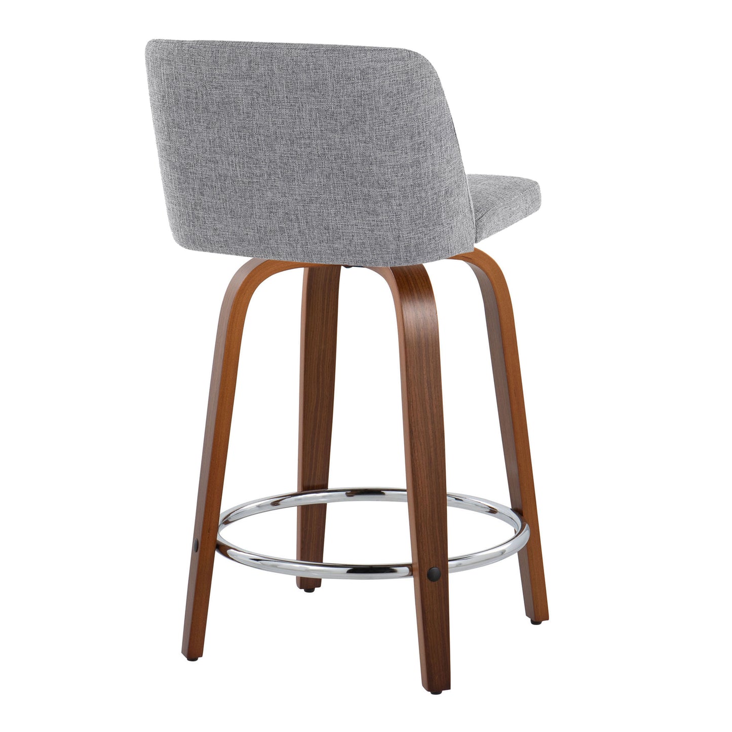 Hendrix - Set of 2 - 26" Walnut Wood Counter Stools with Grey Fabric Swivel Seats and Chrome Footrest