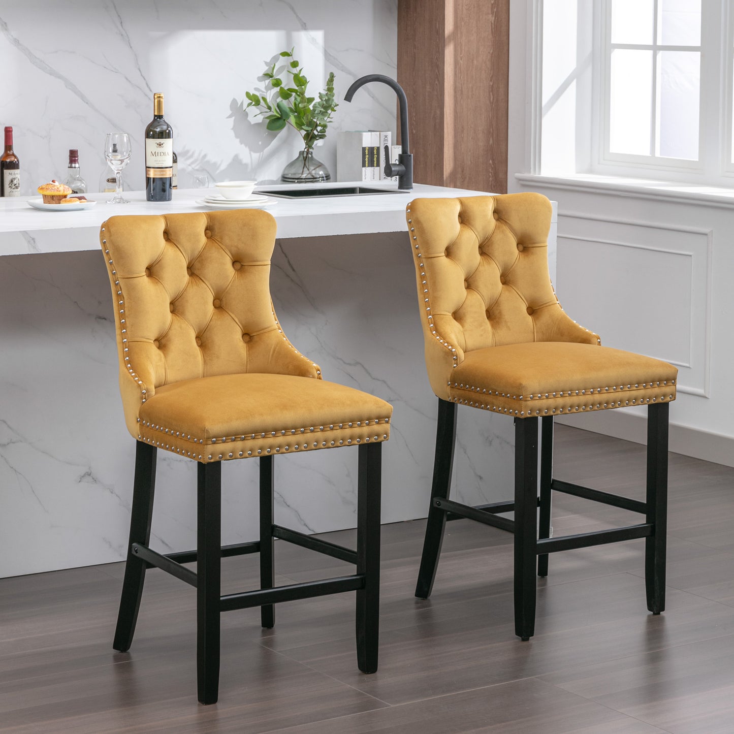 Golden Velvet - Set of 2 - 23.6" Upholstered Bar Stools with Button Tufted Design, Chrome Nailhead Trim & Wooden Legs