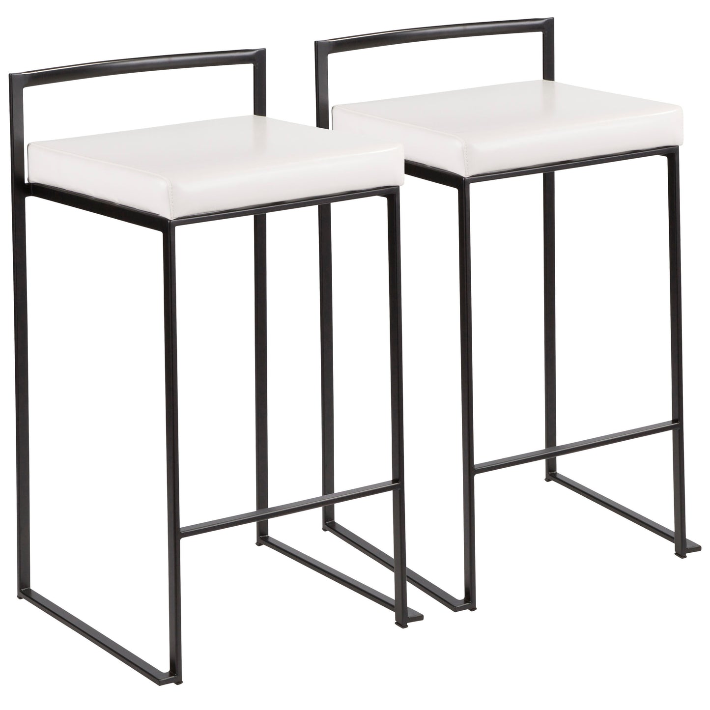 Leo - Set of 2 - 26" Contemporary Stackable Counter Stools in Black & White Faux Leather Cushions - 16" L x 17.5" W x 31" H