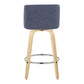 Vesperat - Set of 2 - 26" Contemporary Fixed Height Swivel Counter Stools, Blue Fabric & Natural Wood with Chrome Footrest