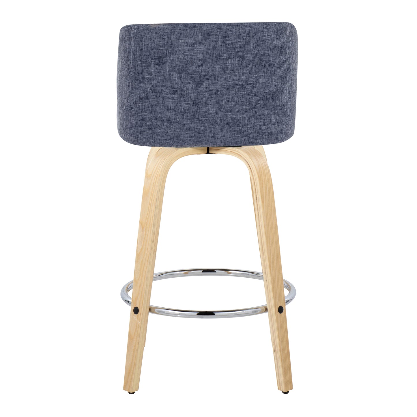 Vesperat - Set of 2 - 26" Contemporary Fixed Height Swivel Counter Stools, Blue Fabric & Natural Wood with Chrome Footrest