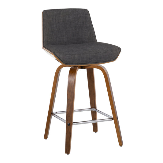 Nicolai - Set of 2 - 26" Mid-Century Modern Fixed-Height Counter Stools with Swivel, Charcoal Fabric, Walnut Wood, Square Chrome Footrest, and Ergonomic Design