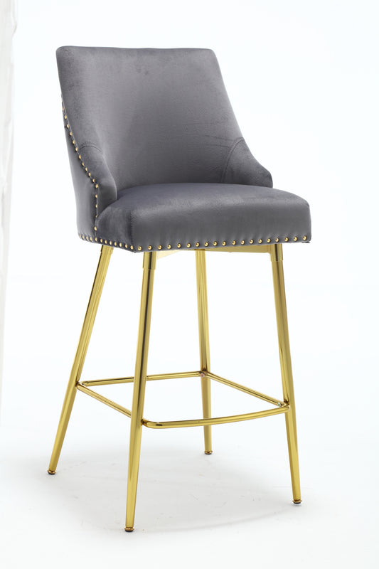 Solis - Set of 2 - 24" Navy Velvet Bar Stools with High Back, Gold Zipper Detailing, and Footrest