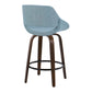 Lander - Set of 2 - 26" Mid-Century Modern Walnut Counter Stools with Blue Upholstered Fabric, Swivel Seat, Black Metal Footrest.