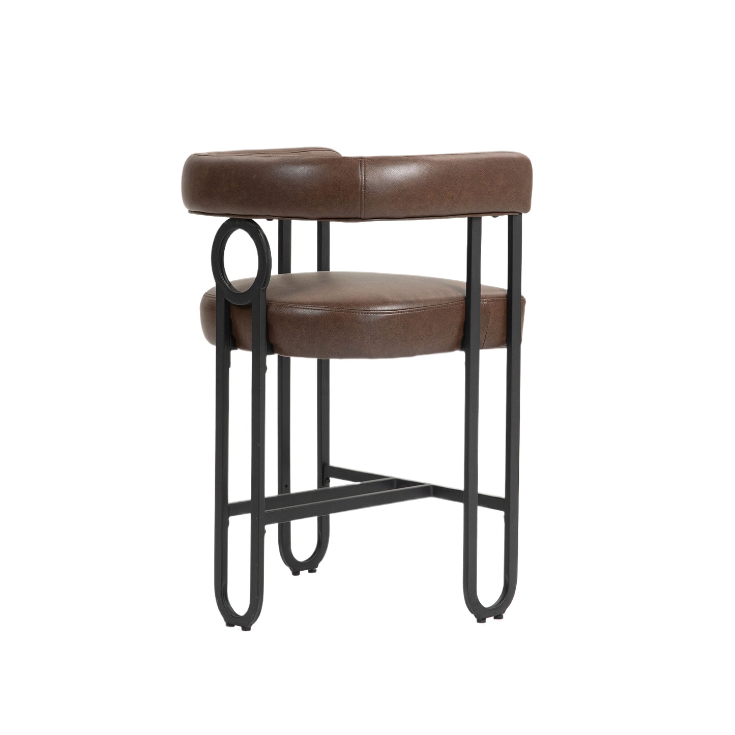 Callan - Set of 2 - 24" Dark Brown PU Bar Stools with Round Cushions, Curved Backrest, and Modern Black Metal Frame