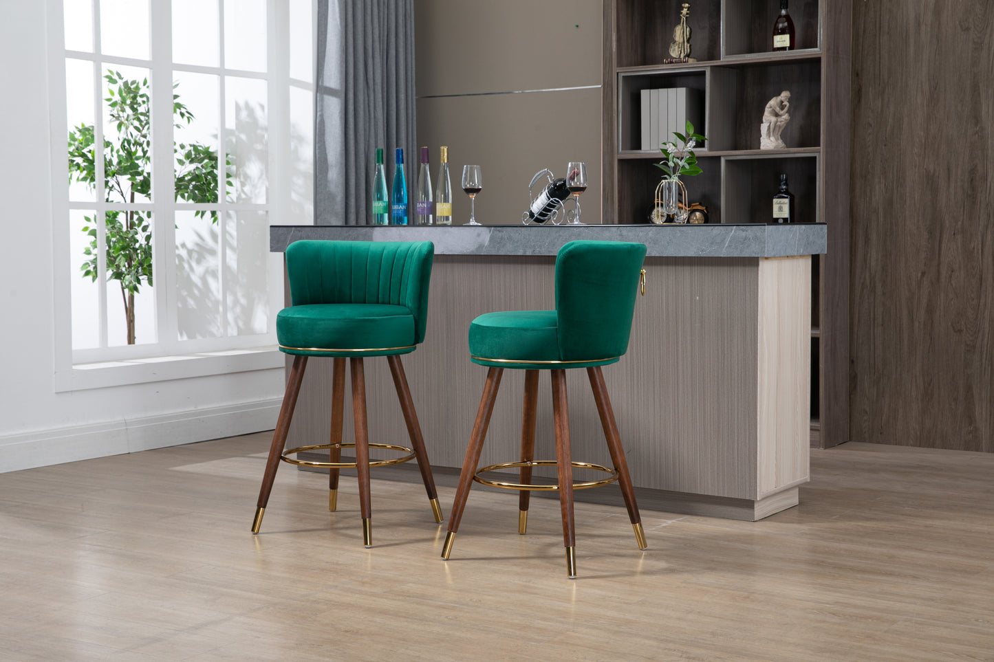 Monial - Set of 2 - 28" Emerald Swivel Bar Stools with Backrest, Footrest, and Solid Wood Legs