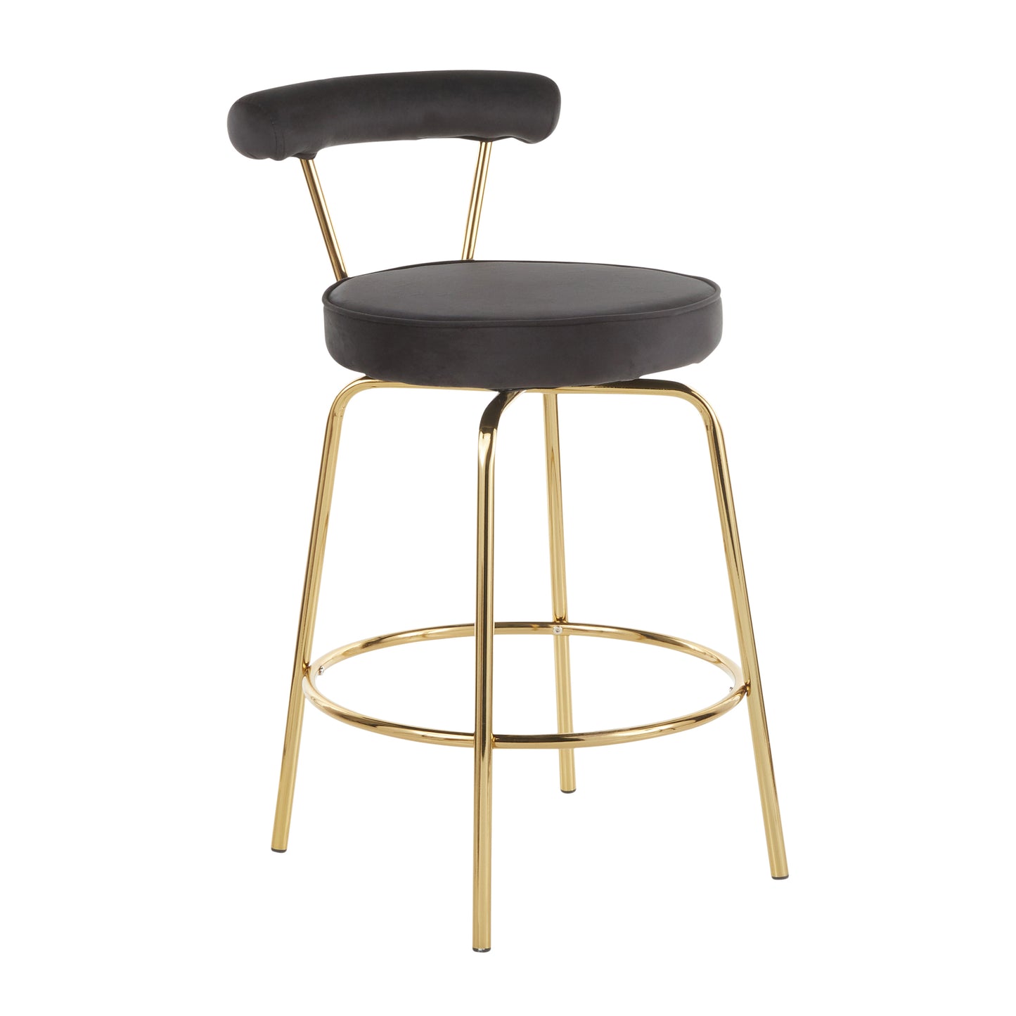 Rainier - Set of 2 - 20" Gold Metal Counter Stools with Black Velvet Upholstery Fixed Height