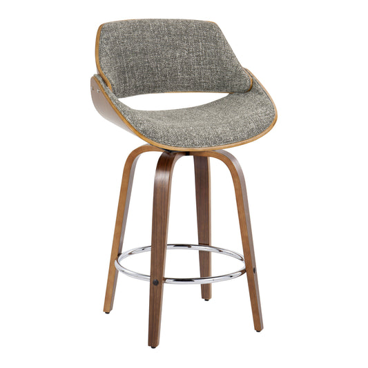 Lucetta - Set of 2 - 26" Mid-Century Modern Fixed-Height Counter Stools in Walnut Wood & Noise Grey Fabric with 360° Swivel and Chrome Footrest