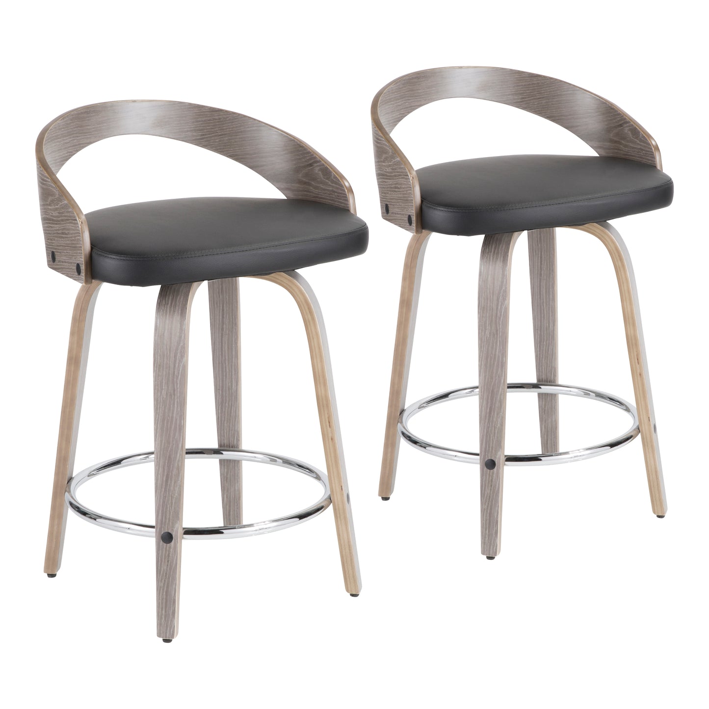 Marilo - Set of 2 - 25" Swivel Counter Stools with Light Grey Wood Frame and Black Faux Leather Seat