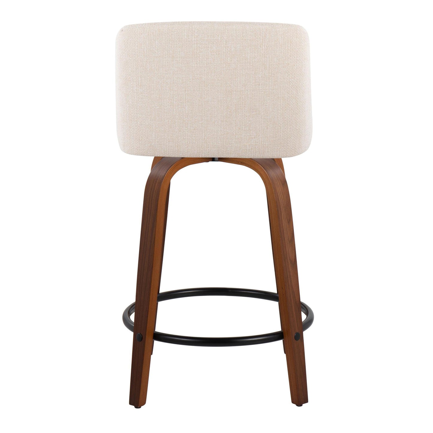 Torsallis - Set of 2 - 24" Mid-Century Modern Swivel Counter Stools with Cream Noise Fabric, Walnut Wood Frame, and Round Black Metal Footrest