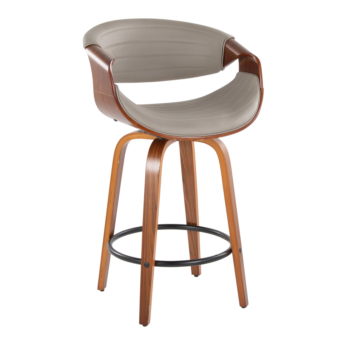 Lyrion - Set of 2 - 24" Walnut & Grey Faux Leather Mid-Century Modern Counter Stools with 360° Swivel