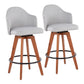 LumiSet – Set of 2 - 20" Light Grey Fabric Counter Stools with Walnut Bamboo Legs and Black Metal Footrest