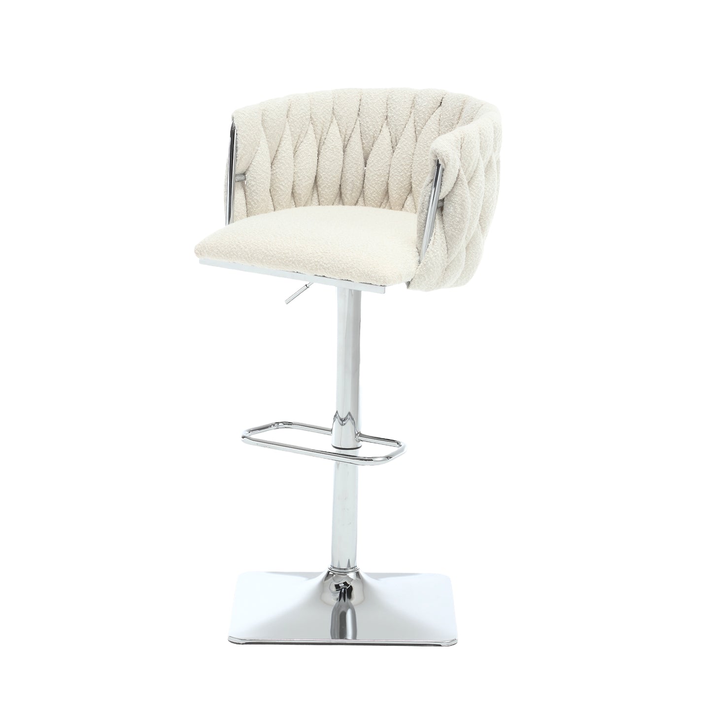 Venicia - Set of 2 - 24.8"-34.25" Adjustable Seat Swivel Counter Height Stools with Backrest, Ivory Boucle Upholstery, Silver Metal Legs