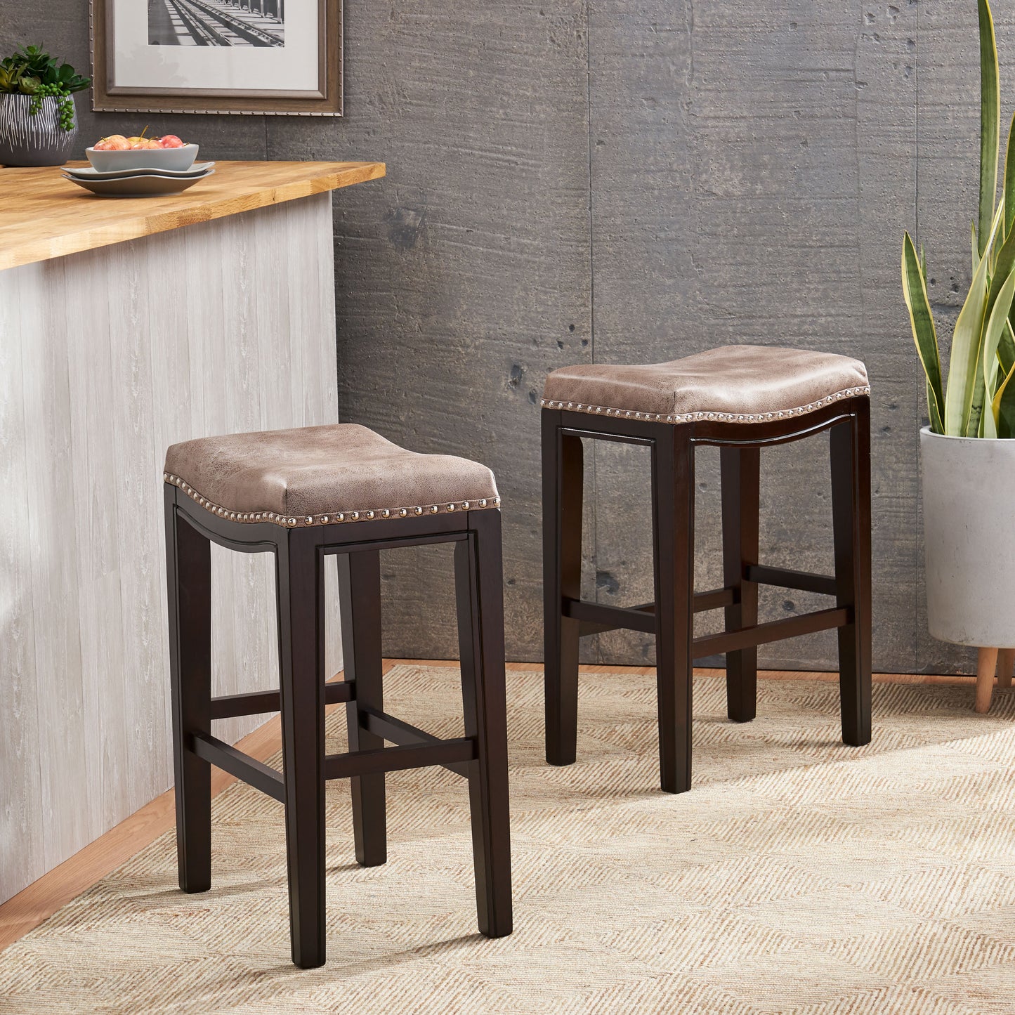 Virella - Set of 2 - 26" Weathered Gray Acacia Wood Bar Stools with Wicker Seats, Outdoor Folding Chairs with High Backrest