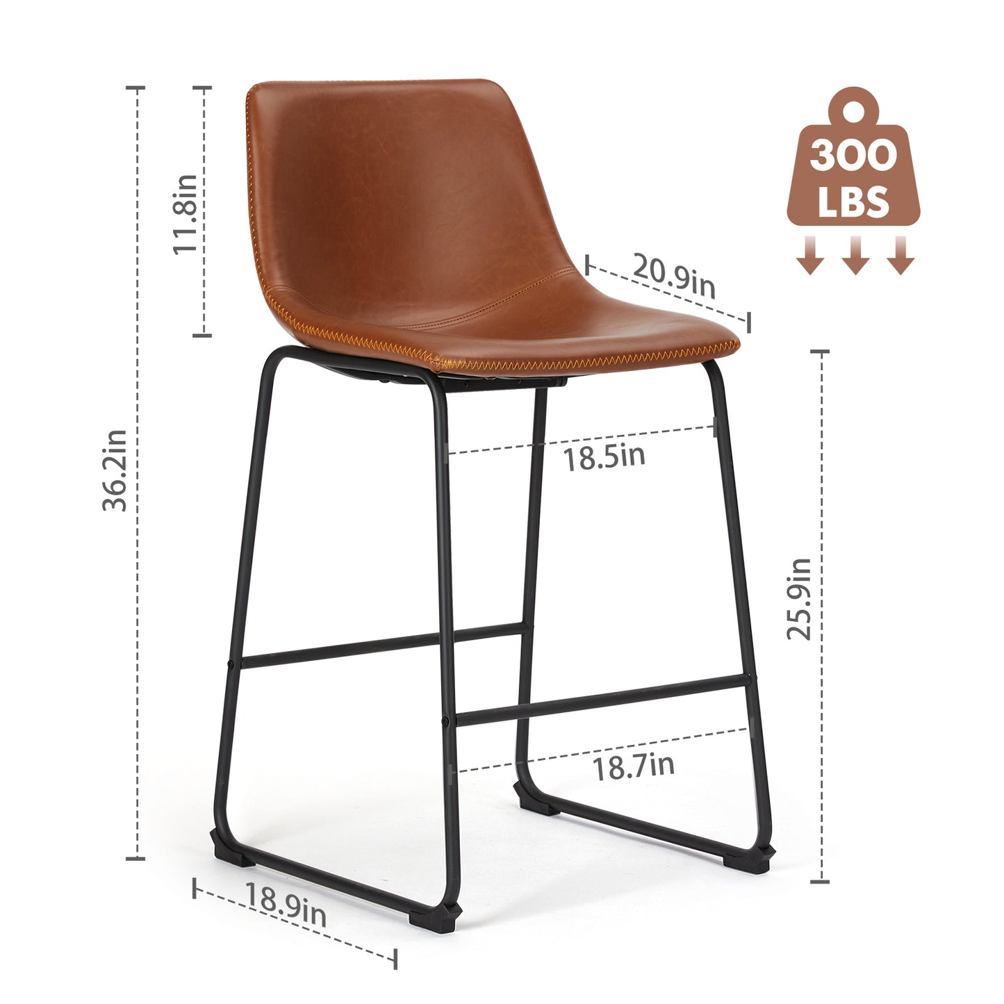 Lurinth - Set of 2 - 26" Counter Height Bar Stools with Back, Waterproof Polyurethane Leather, Metal Legs, Modern Design