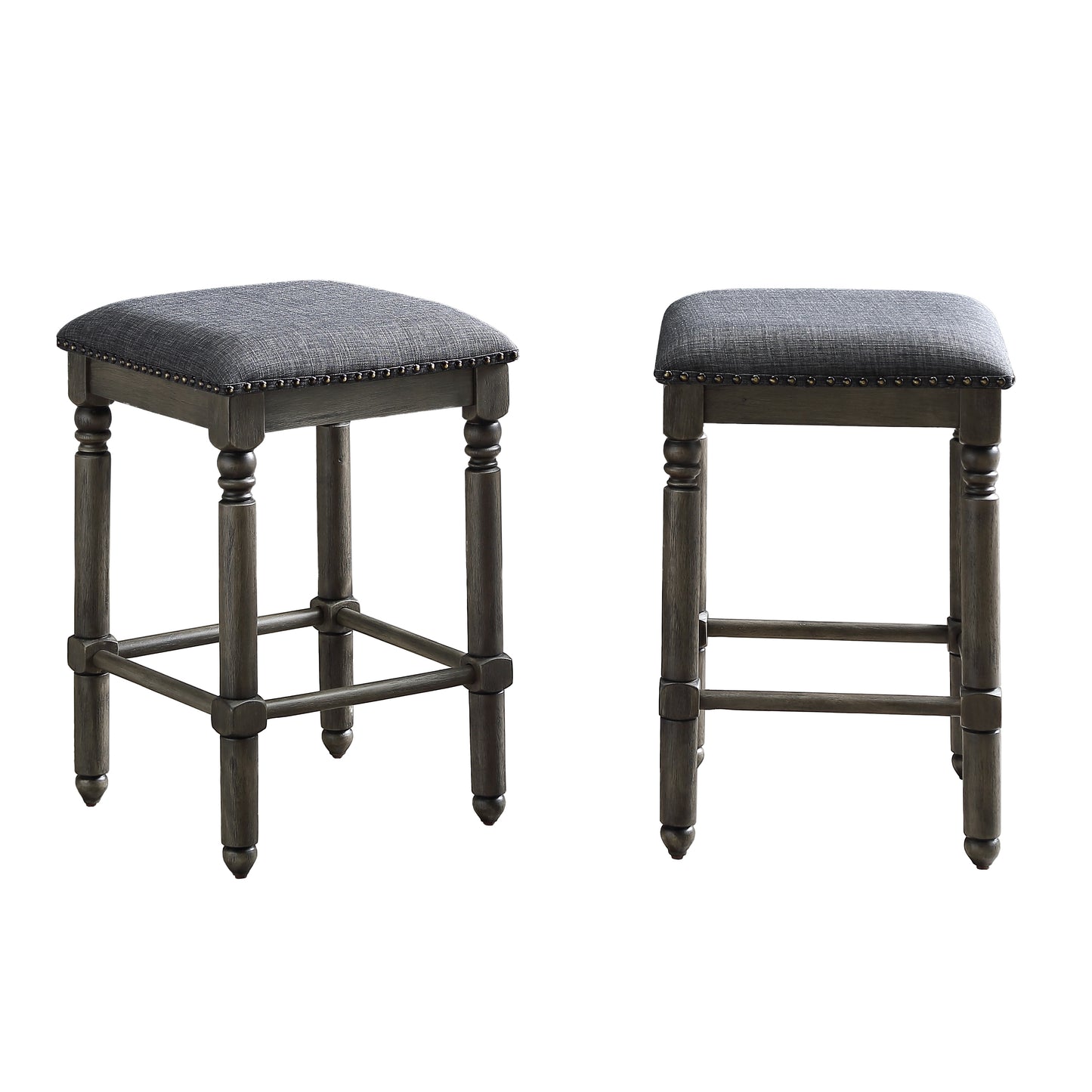 Sylphira - Set of 2 - 26" Grey Upholstered Wood Swivel Counter Height Stools with Bronze Nailhead Trim