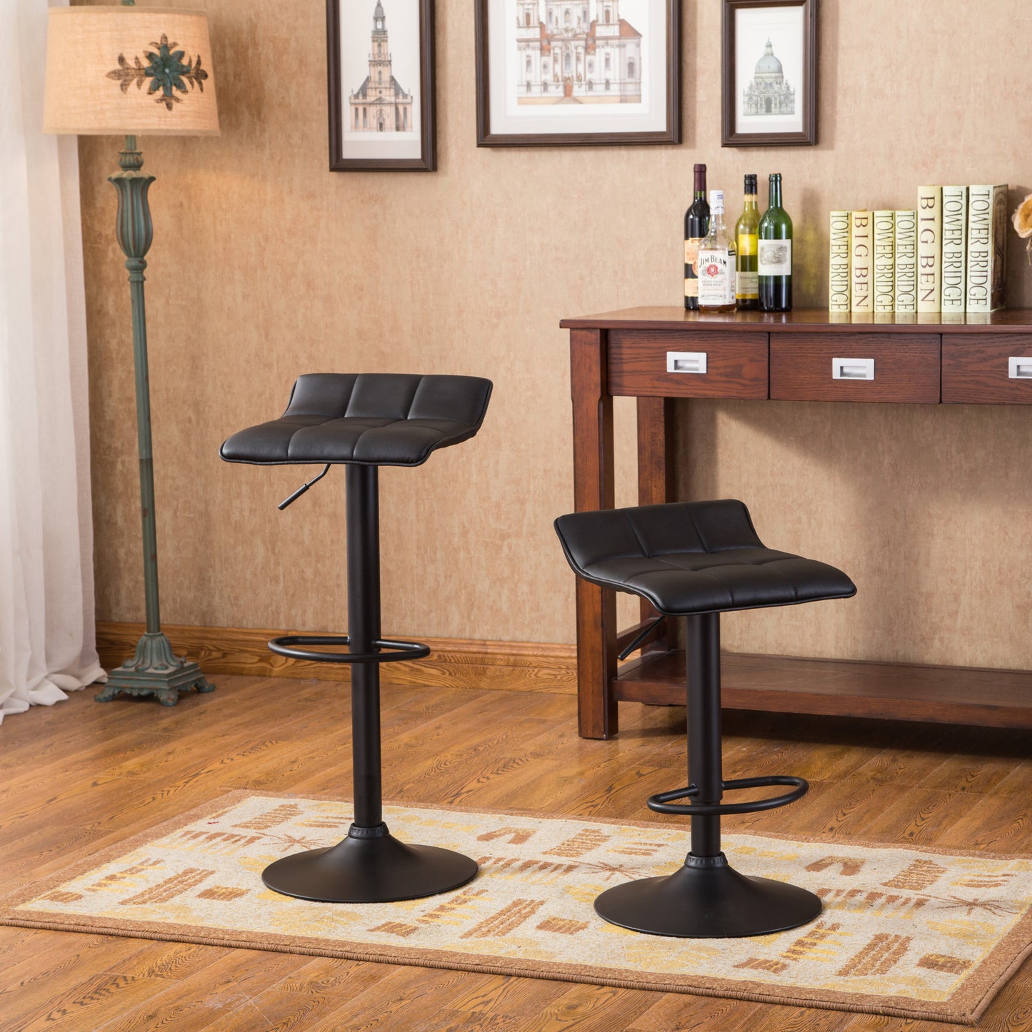 Halvore - Set of 2 - 26" Black Swivel Adjustable Height Bar Stools & Round Bar Table - Modern Faux Leather & Metal Dining Set