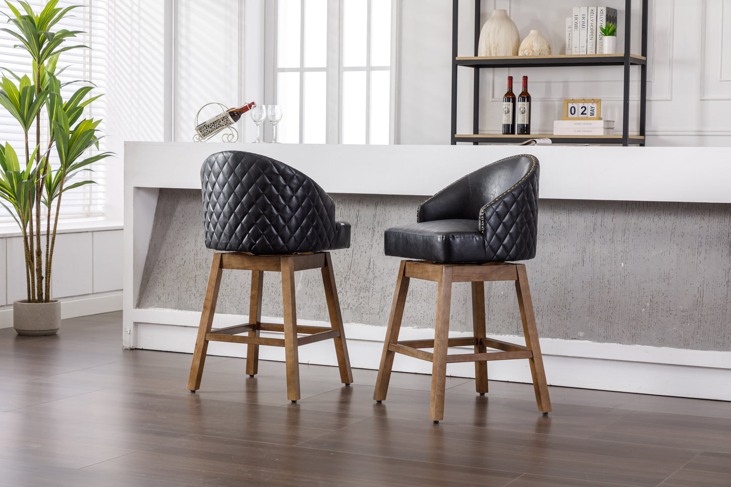 Virissa - Set of 2 - 37" Black PU Counter Height Bar Stools with 360° Swivel, Footrest, and Solid Wood Legs