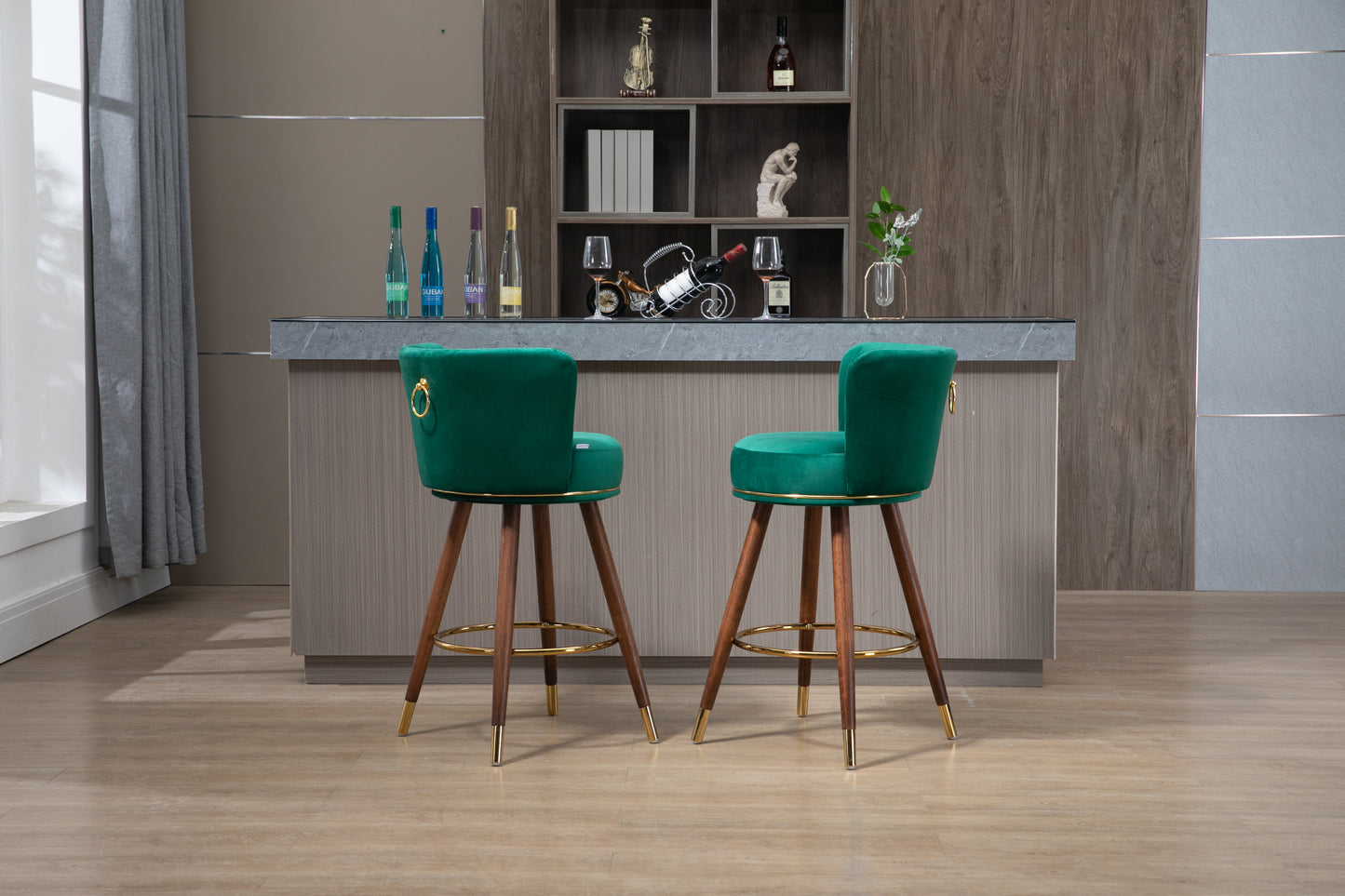 Monial - Set of 2 - 28" Emerald Swivel Bar Stools with Backrest, Footrest, and Solid Wood Legs