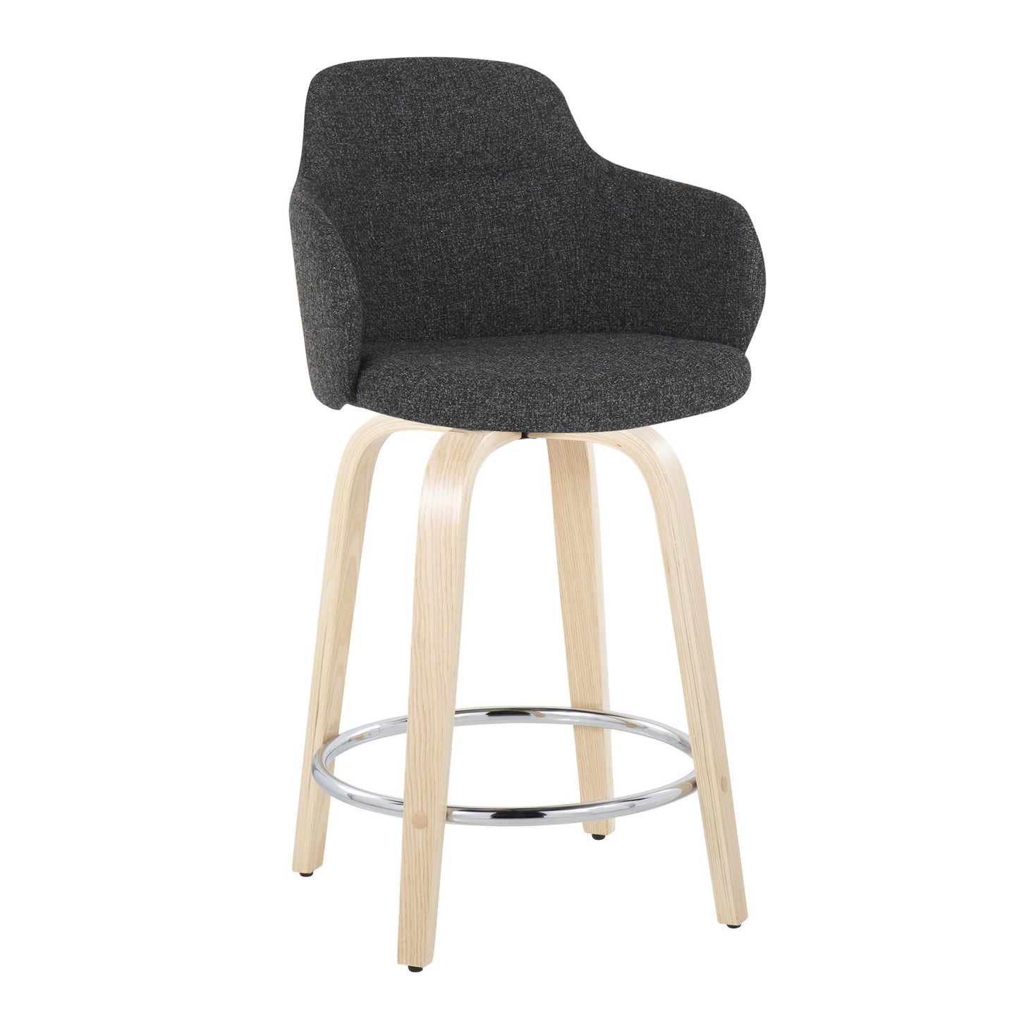 Erylis - Set of 2 - 24" Contemporary Swivel Counter Stools in Dark Grey Fabric with Natural Wood Base and Chrome Footrest