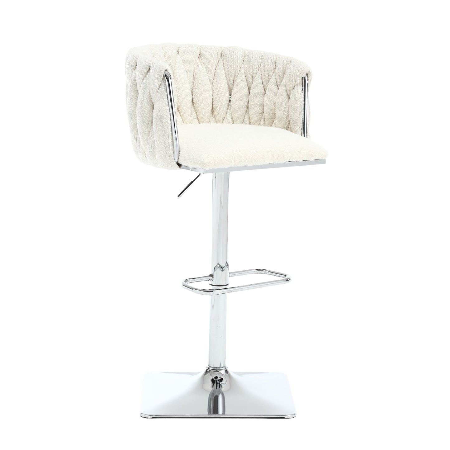 Venicia - Set of 2 - 24.8"-34.25" Adjustable Seat Swivel Counter Height Stools with Backrest, Ivory Boucle Upholstery, Silver Metal Legs