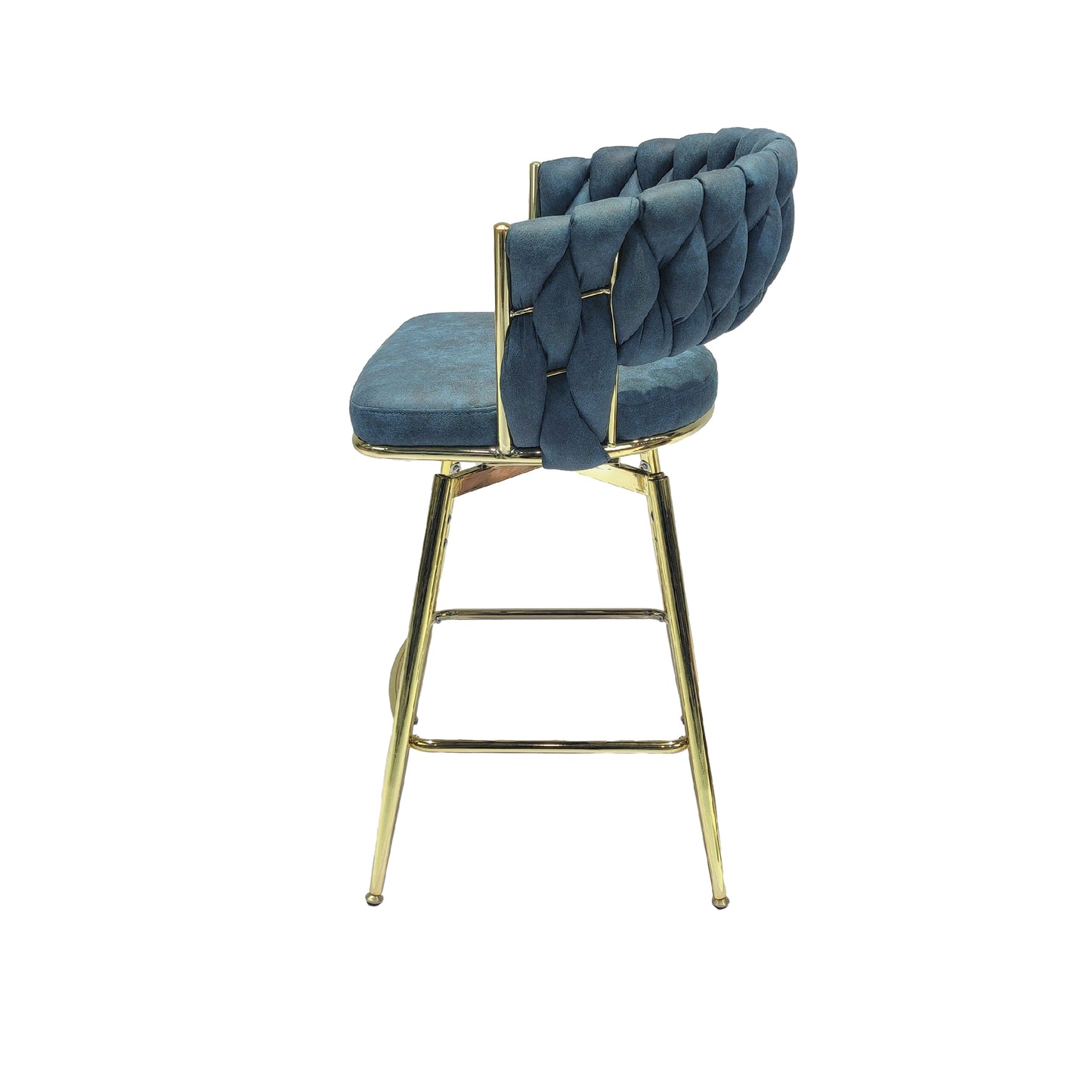 Haythorne - Set of 2 - 26" Blue Suede Woven Swivel Bar Stools with Armrest & Footrest - Gold Legs for Kitchen Island