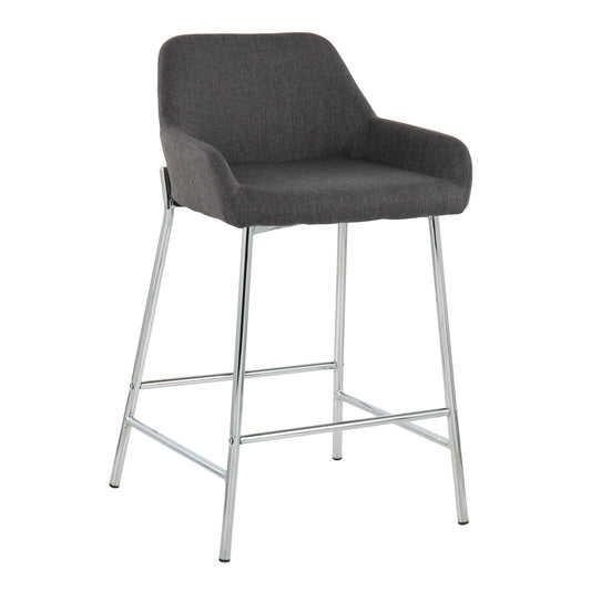 ElevéDesigns - Set of 2 - 26" Charcoal Upholstered Counter Stools with Chrome Metal Frame, Padded Seat & Back, Contemporary Fixed-Height Design