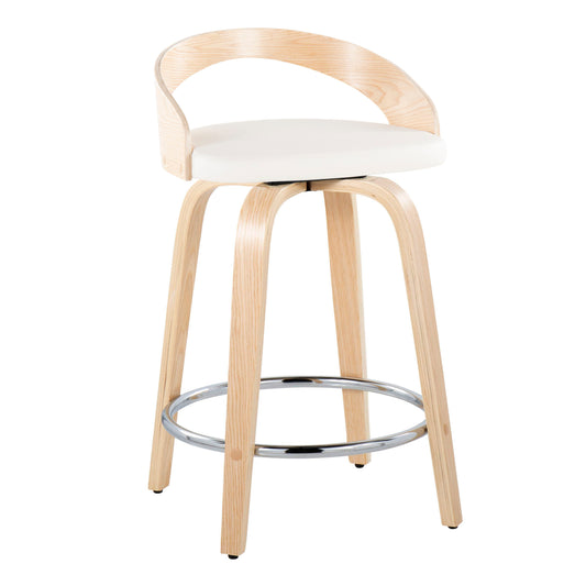 Gendry - Set of 2 - 24" Contemporary Fixed-Height Swivel Counter Stools in Natural Wood and White Faux Leather with Chrome Footrest