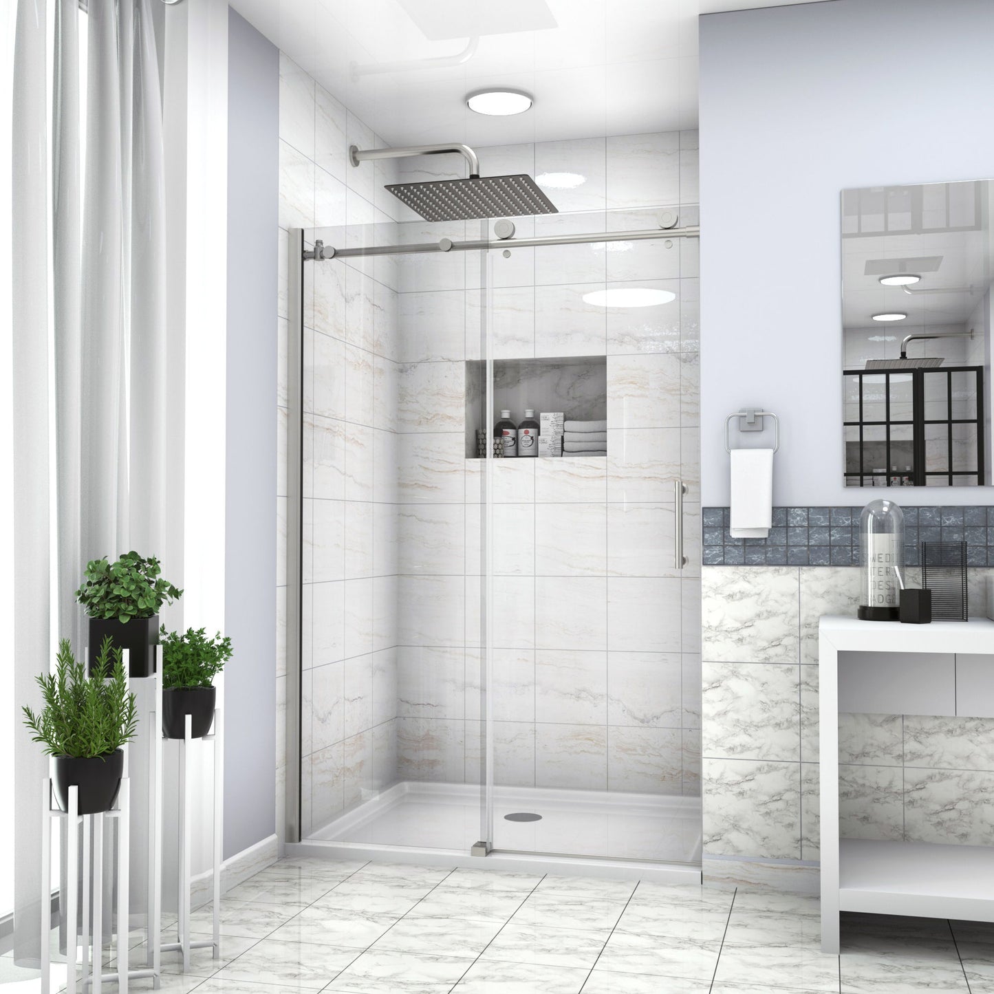 Single Sliding Bypass Shower Door Enclosure With Tempered Glass