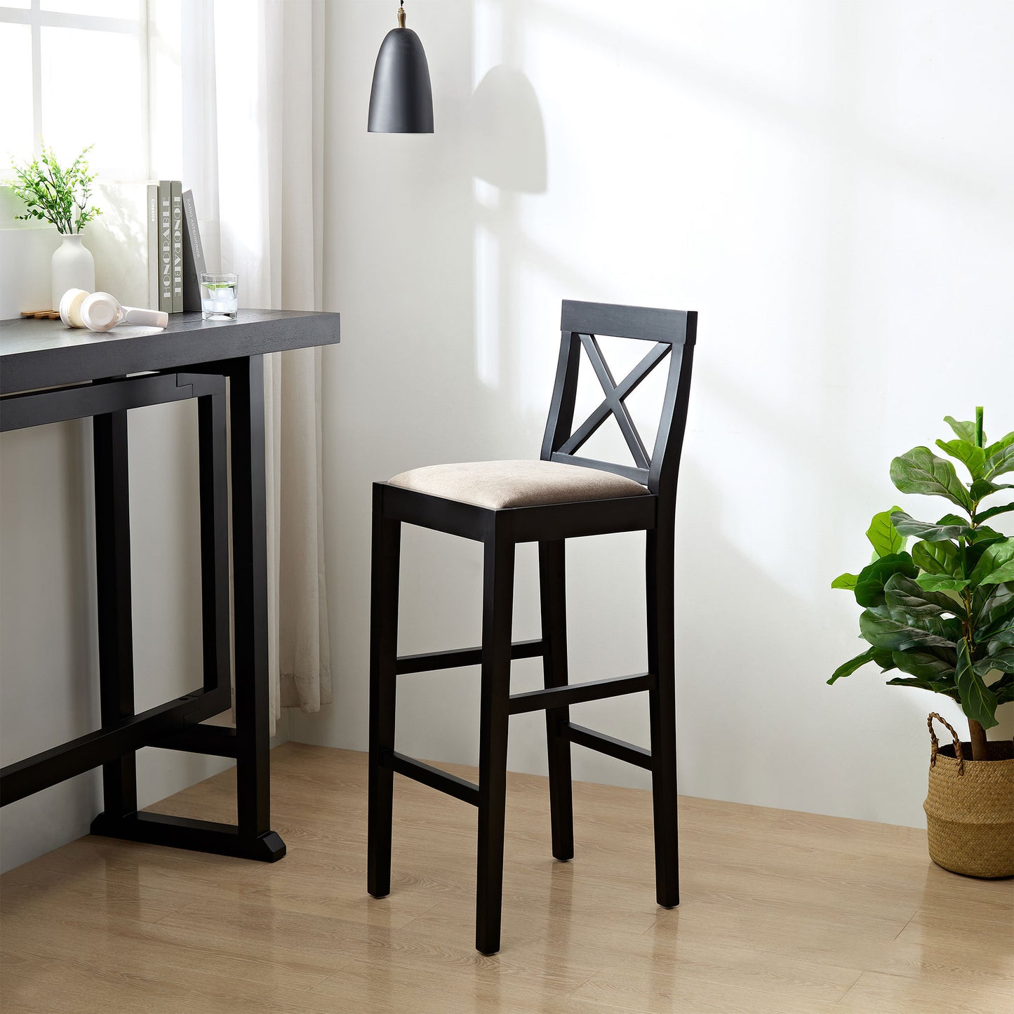 Harcourt - Set of 2 - 31" Matte Black Wood & Fabric Counter Height Bar Stools, Comfortable Padded Seat & Footrest