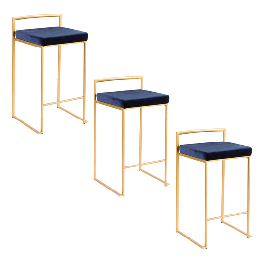 Lola - Set of 3 - 26" Stackable Counter Stools in Gold Metal with Blue Velvet Cushions