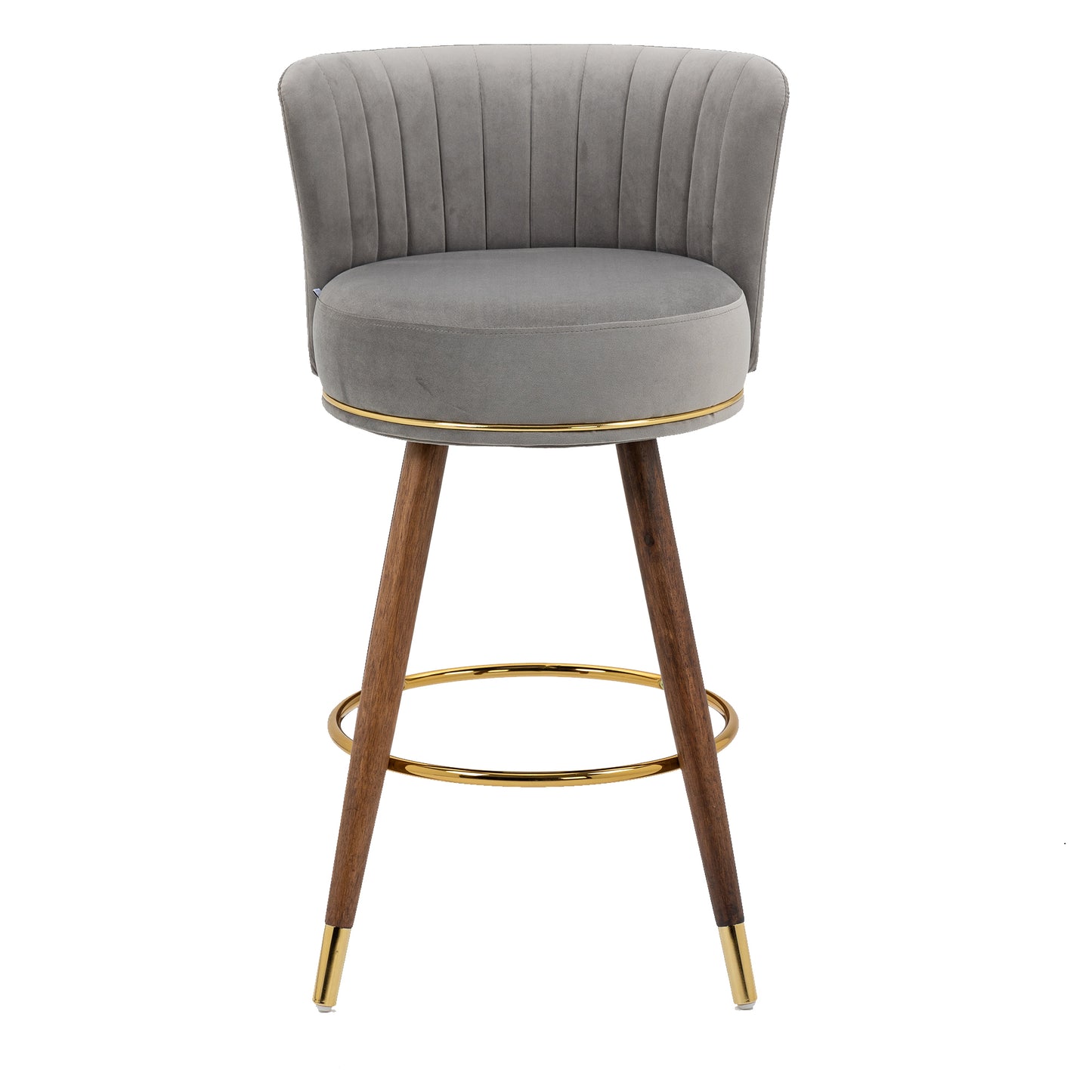 Avira - Set of 2 - 28" Grey Counter Height Swivel Bar Stools with Light Brown Solid Wood Legs, Retro Style and Upholstered Cushions