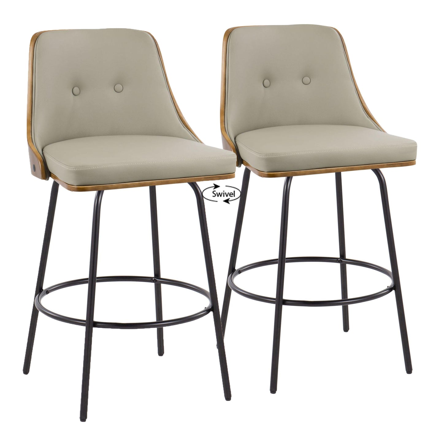 BaGianna - Set of 2 - 24" Fixed-Height Swivel Counter Stools with Black Metal, Walnut Wood, Light Grey Faux Leather, and Round Footrest