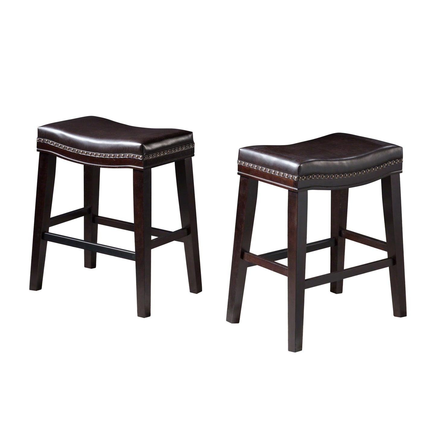 Marcila - Set of 2 - 26" Dark Brown PU Leather Saddle Bar Stools with Nailhead Trim and Rubberwood Frame