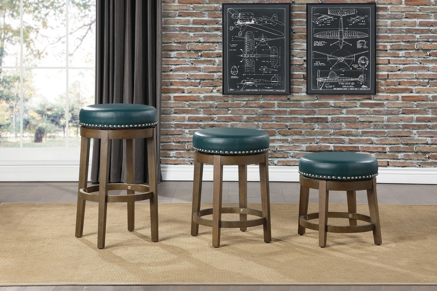 Westby - Set of 2 - 20" Green Faux Leather Counter Height Swivel Stools with Nailhead Trim and Brown Solid Wood Frame