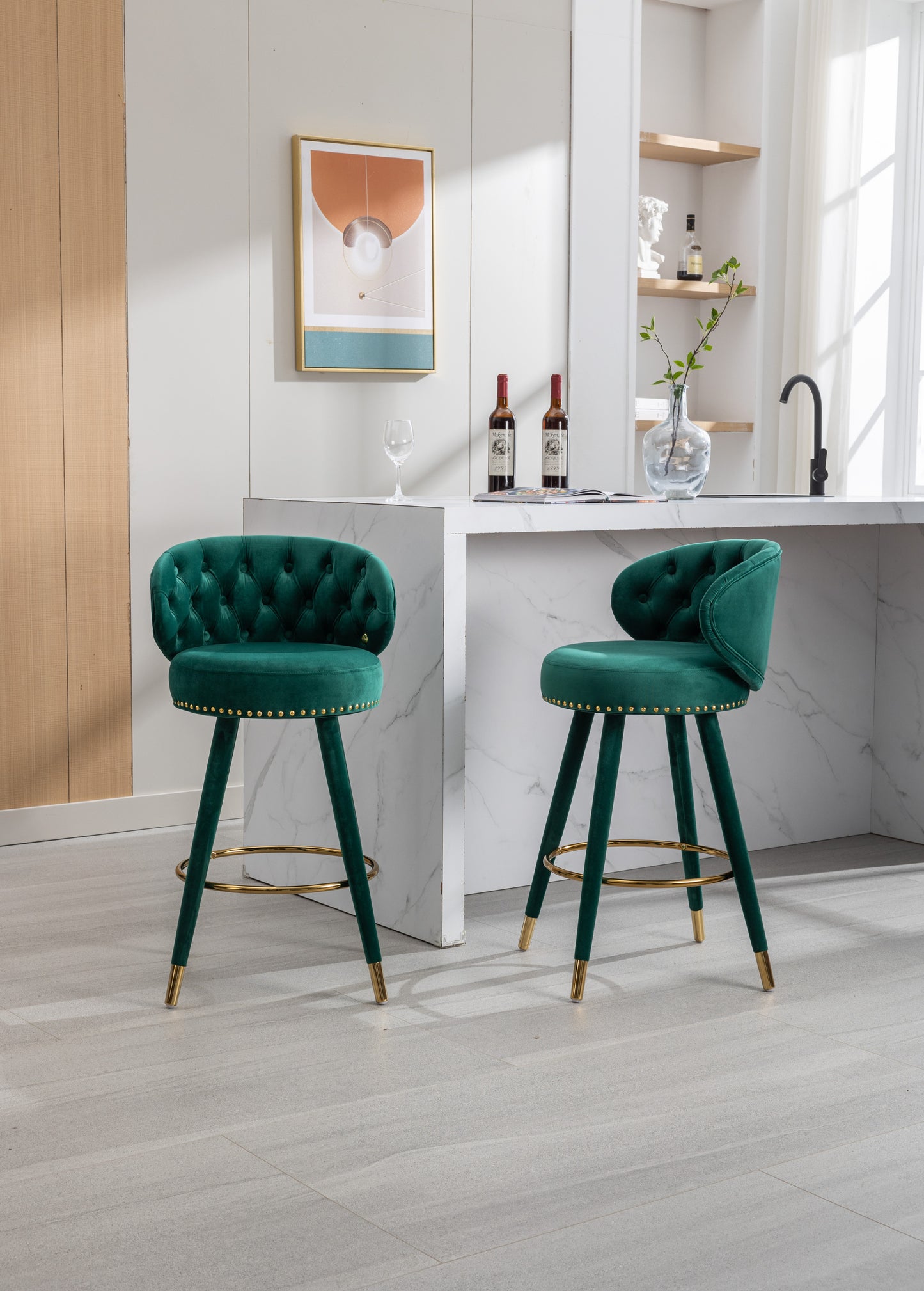 Lurian - Set of 2 - 28" Emerald Velvet Swivel Counter Height Bar Stools, Solid Wood Legs, Ergonomic Backrest, Retro Design