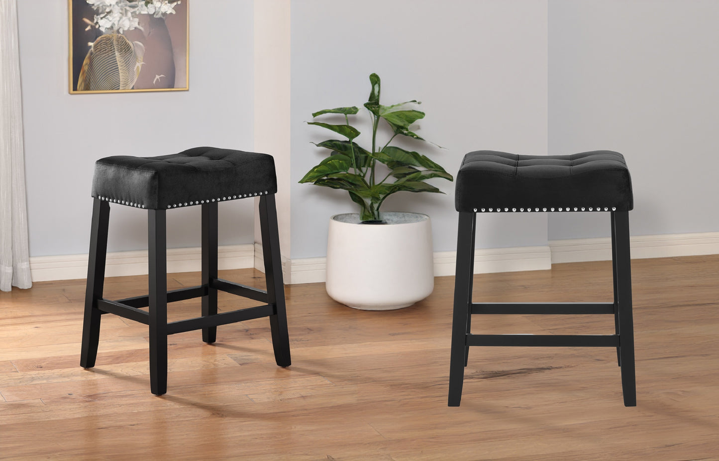 Vera - Set of 2 - 27" Black Velvet Saddle Counter Stools with Tufted Upholstered Seat, Nail-Head Trim, and Durable Wood Legs