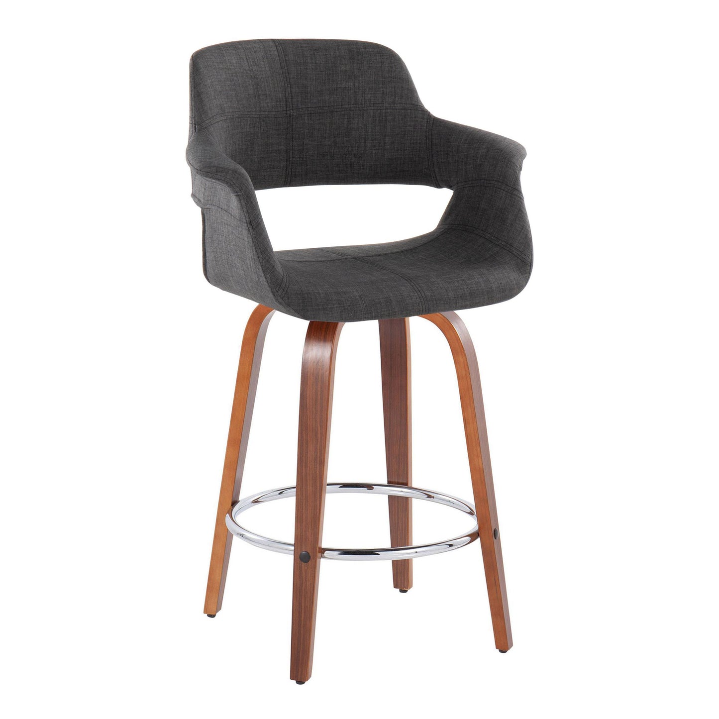 Cavalier - Set of 2 - 26" Charcoal Swivel Counter Stools with Walnut Wood and Chrome Footrest