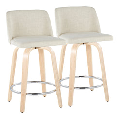 Tuvon - Set of 2 - 24" Contemporary Fixed-Height Swivel Counter Stools – Natural Wood & Cream Fabric with Chrome Footrest